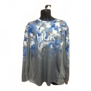 Huk Performance Fishing Shirt Mens XL Long Sleeve UPF Lightweight Blue Camo